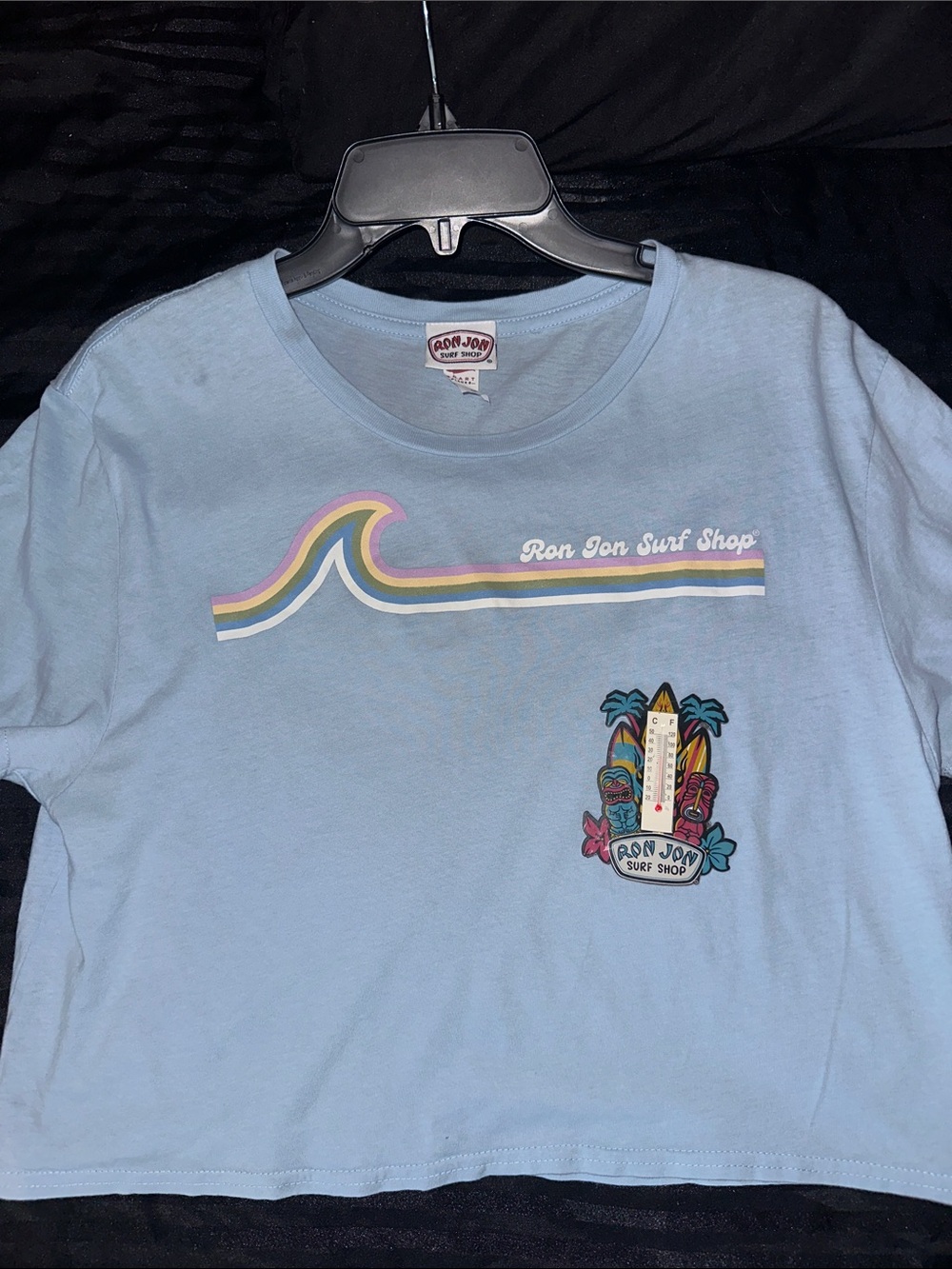 Ron Jon Surf Shop Rainbow Wave Crop Tee M + Tiki Thermometer Magnet